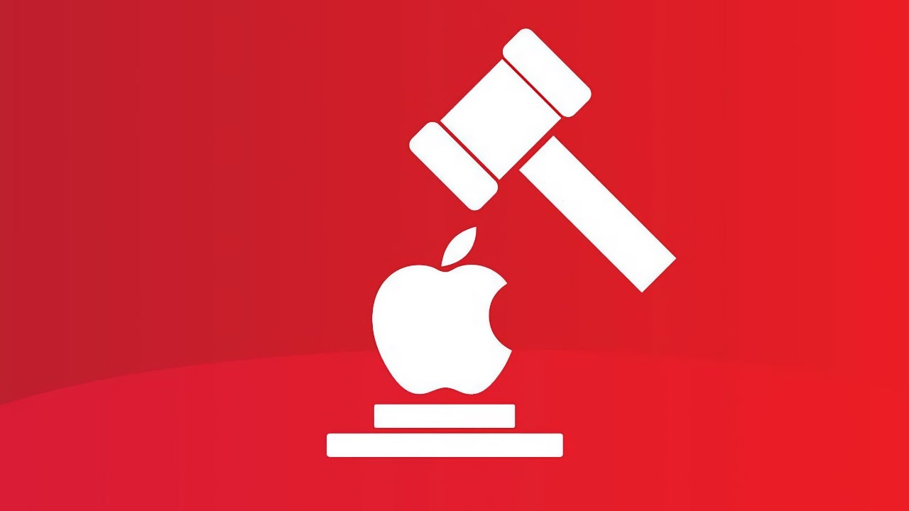 A court gavel over the Apple logo