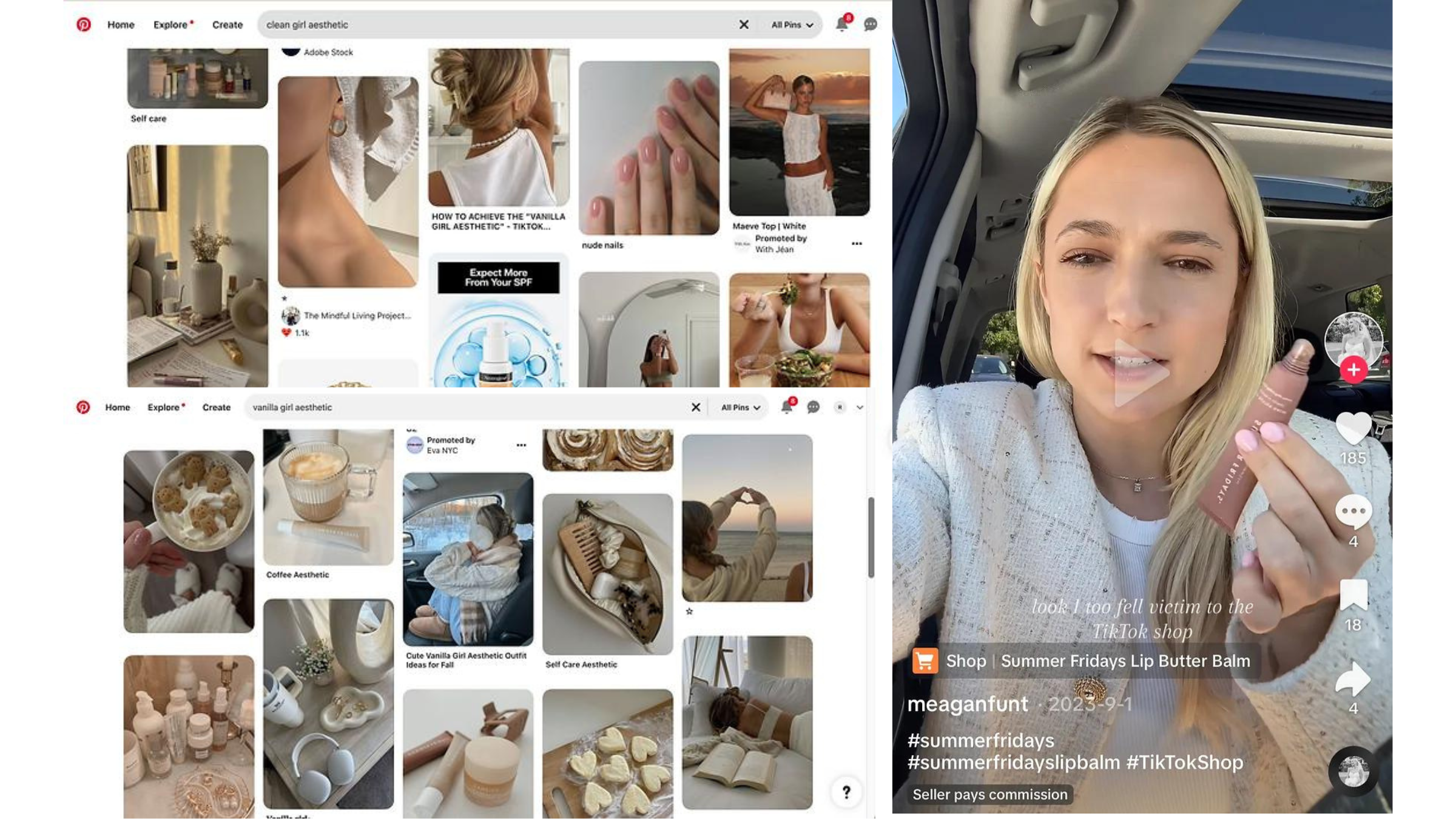 Collage of images of white women, nails, makeup, and jewelry from Pinterest. Screenshot of woman on TikTok.