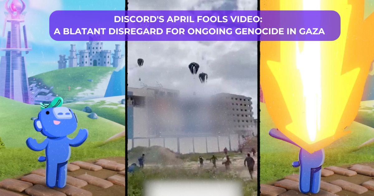 Three images are displayed in a trifold: first image shows Discord cartoon mascot Wumpus on a field of grass. Second image shows humanitarian airdrops in Gaza. Third image shows Wumpus engulfed in flames. Text reads: Discord's April Fools video: A blatant disregard for ongoing genocide in Gaza