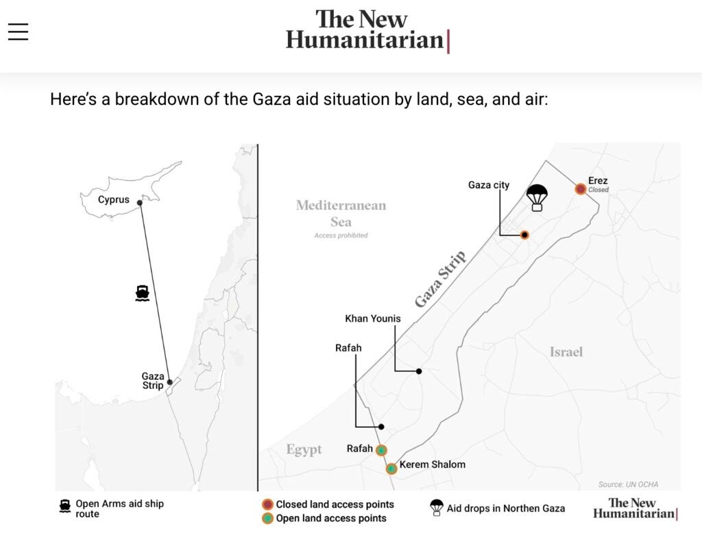 Screenshot showing a map of the Gaza Strip. Caption in screenshot reads: A breakdown of the Gaza aid situation by land, sea, and air.